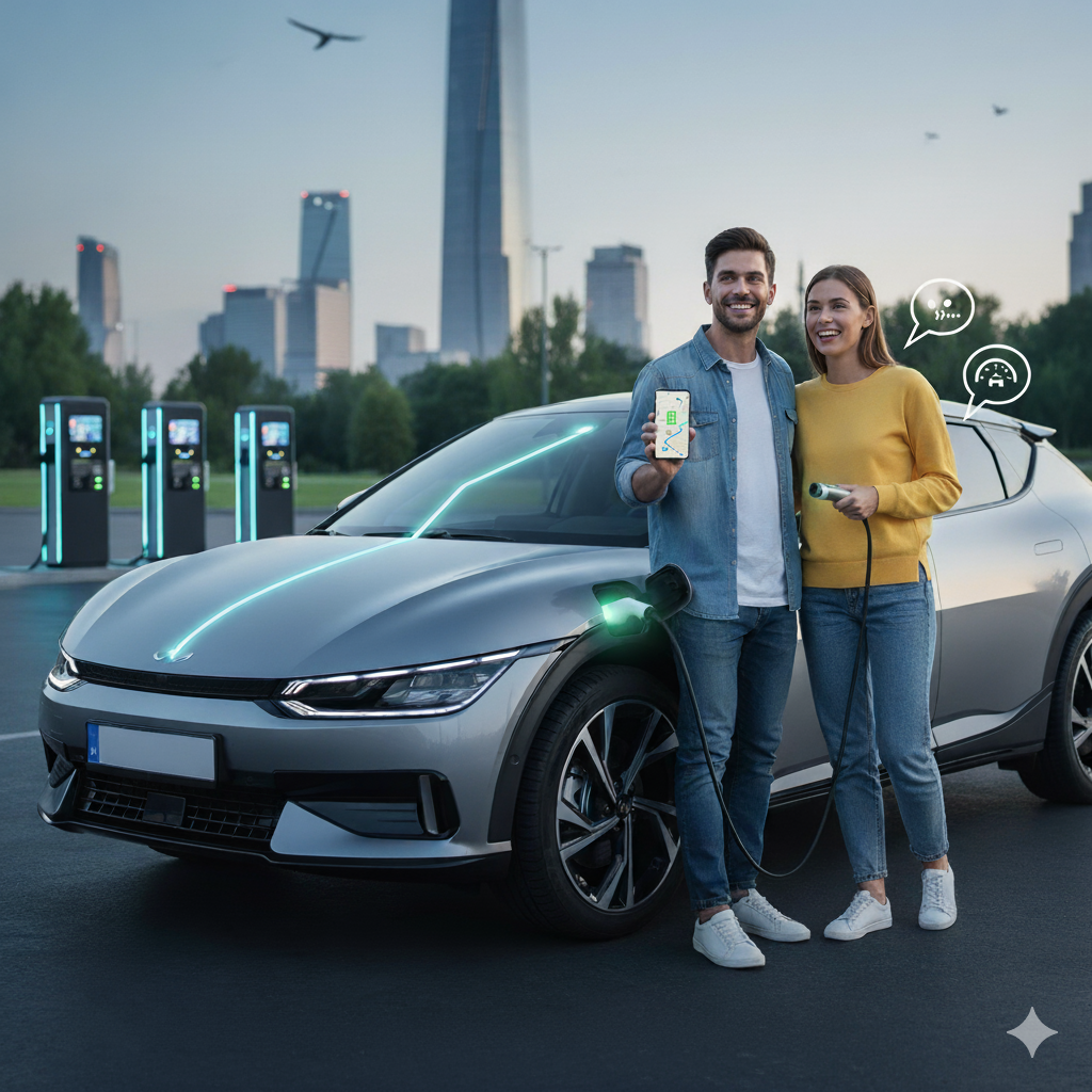Para uśmiechniętych klientów EV-Cars ładuje nowoczesny samochód elektryczny na tle miejskiego krajobrazu i stacji ładowania. Mężczyzna trzyma telefon z aplikacją, a kobieta podłączony kabel. Symbolizuje to łatwość, bezpieczeństwo i radość z wynajmu EV.