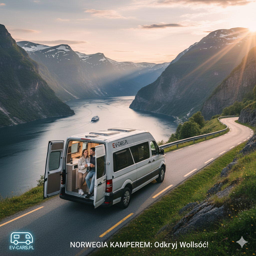 Kampervan (np. VW Grand California) zaparkowany na malowniczej drodze w Norwegii, z widokiem na fiordy i zachód słońca. Para siedząca z tyłu kampera podziwia krajobraz. Obraz promuje wynajem kampera w EV-CARS.PL na niezapomniane podróże po Norwegii.