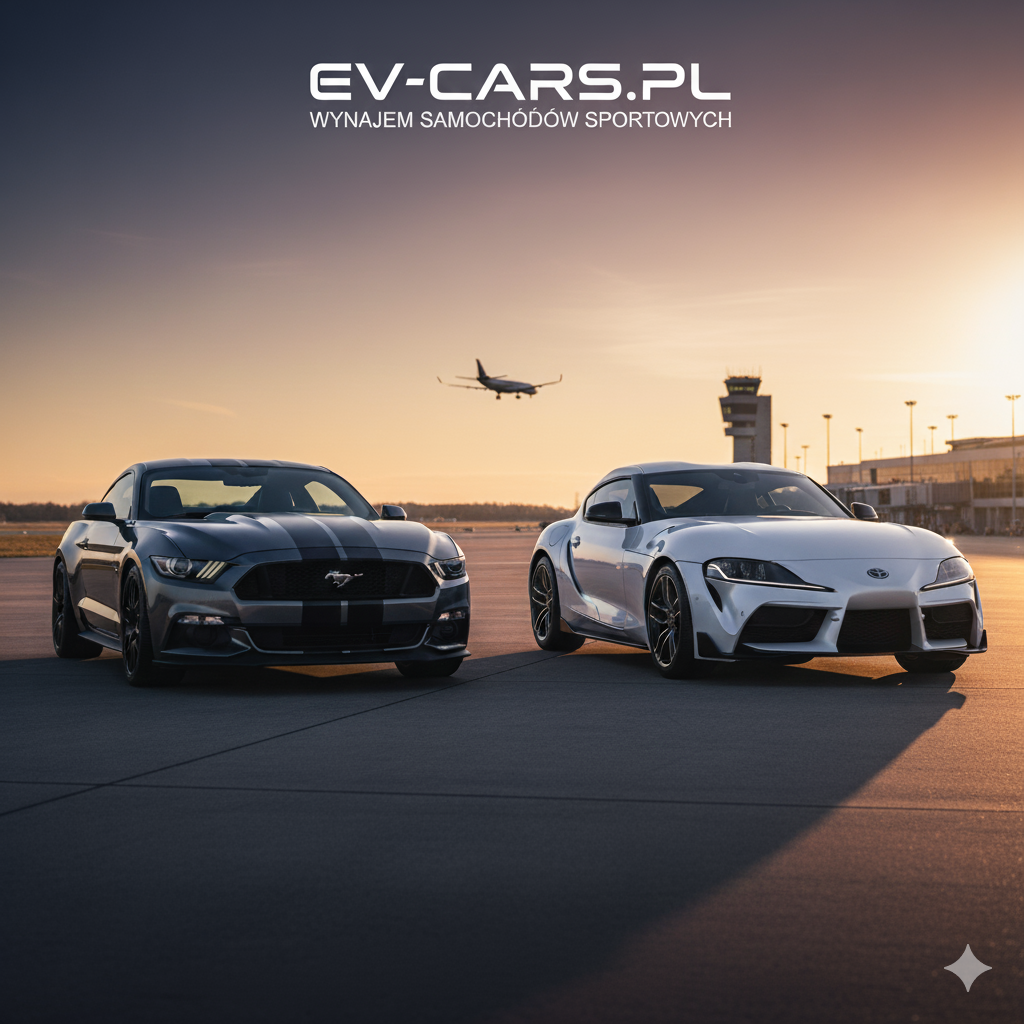 ord Mustang Dark Horse i biała Toyota Supra GR do wynajęcia w Małopolsce (Kraków). Sportowe samochody na ślub lub na Balice (ev-cars.pl).