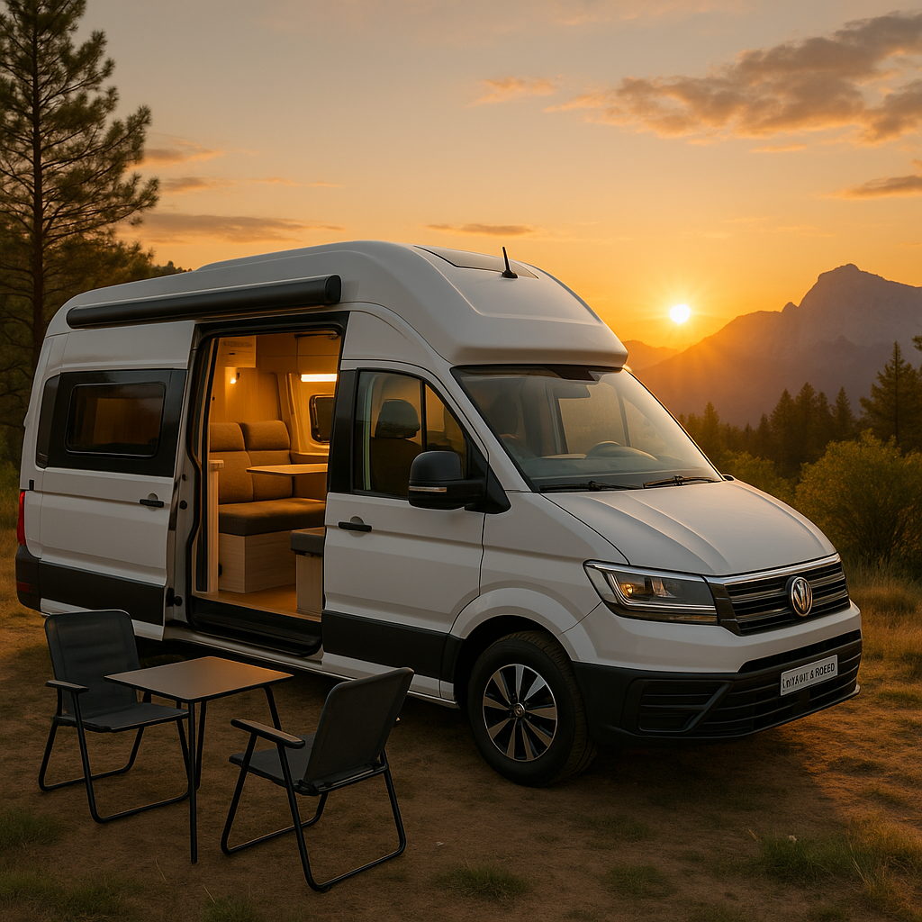 Fabryczny kampervan **Volkswagen Grand California** (blaszak) zaparkowany na tle górskiego krajobrazu o zachodzie słońca, symbolizujący **wolność podróżowania** podczas wakacji 2026. **Wynajem kampera Kraków**