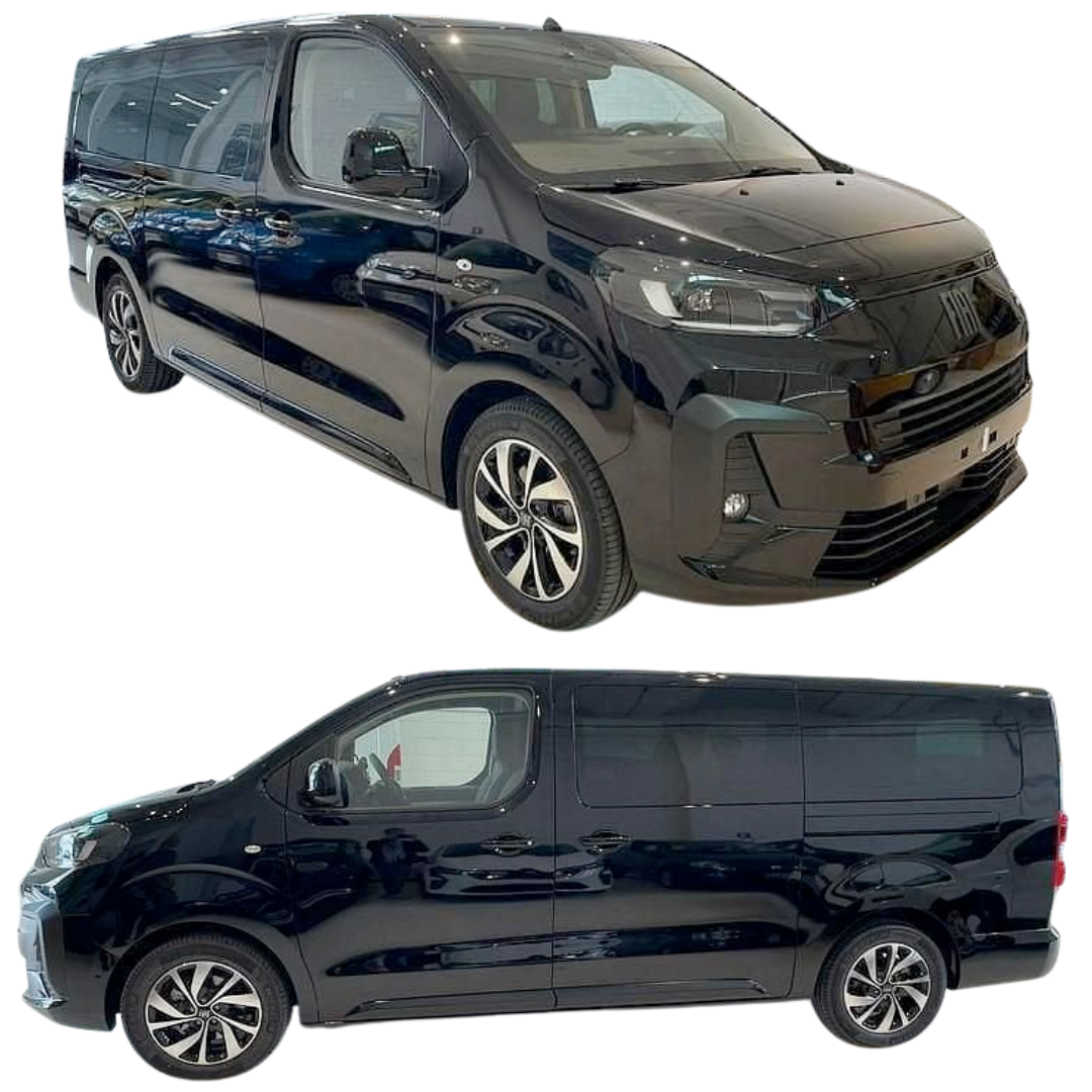 Fiat Ulysse 2025 – widok z przodu i tyłu eleganckiego busa 9-osobowego z automatyczną skrzynią biegów, reflektorami LED i przyciemnianymi szybami. Komfortowy i przestronny van idealny na podróże rodzinne, biznesowe i transfery lotniskowe.