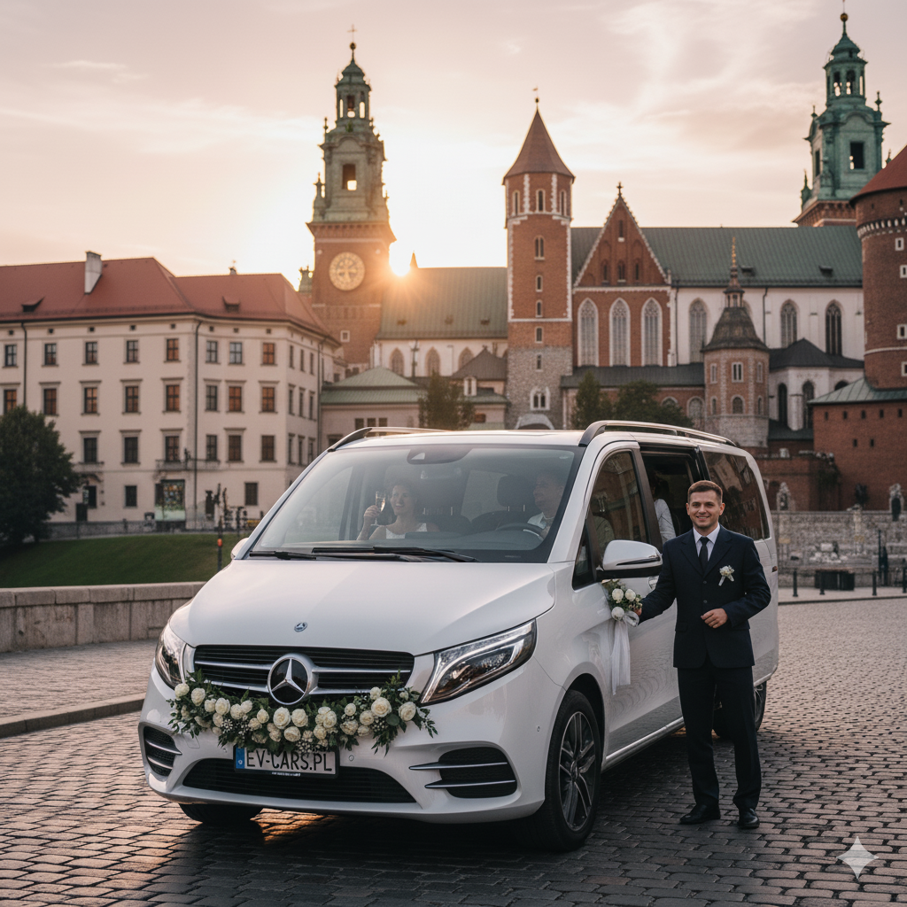 Luksusowy Mercedes V Klasa na tle Wawelu w Krakowie jako transport weselny dla gości.
