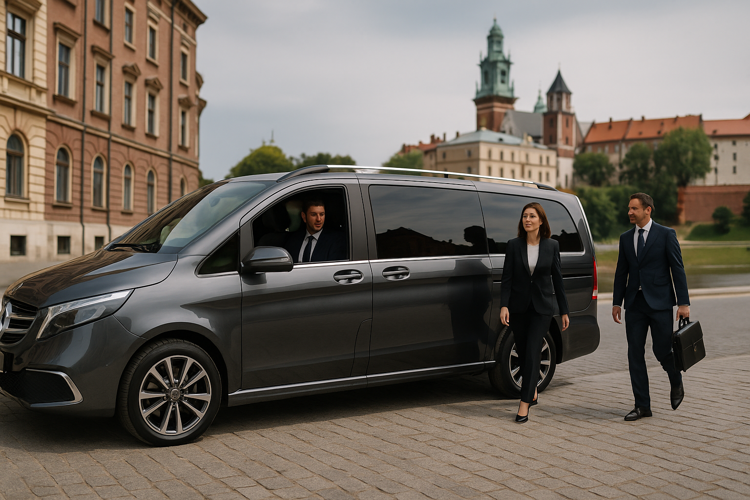 Mercedes V Klasa – luksusowy minibus klasy premium podczas transferu biznesowego w Krakowie. Elegancko ubrani menedżerowie wsiadają do pojazdu na tle zabytkowej architektury miasta.