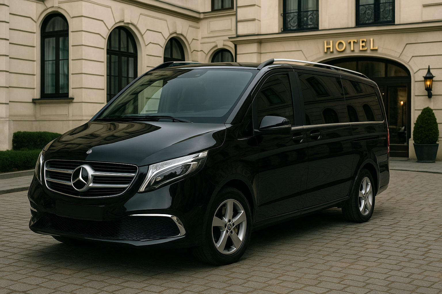 Czarny Mercedes V Klasa w wersji Business Premium zaparkowany przed eleganckim hotelem w Krakowie – luksusowy bus dla 7 osób z oferty EV-Cars.pl