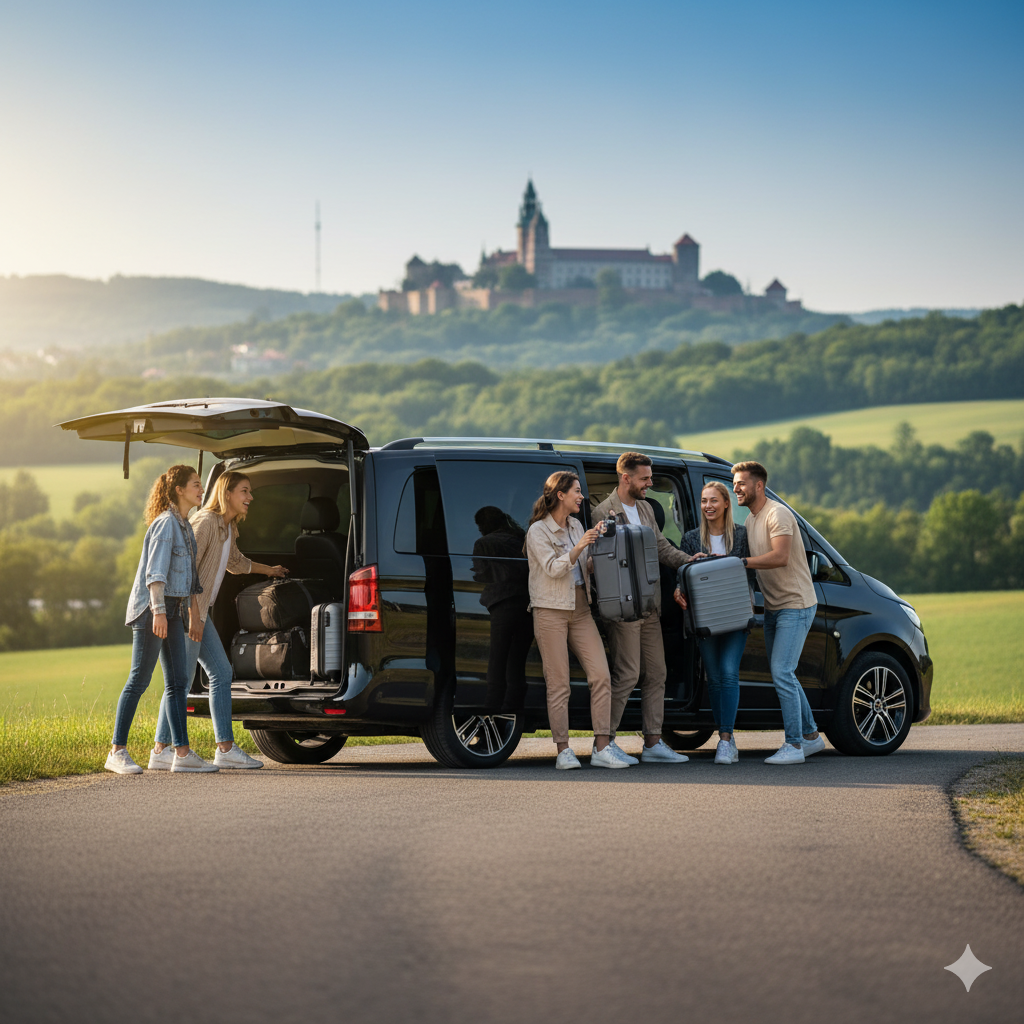 Grupa przyjaciół pakująca bagaże do wynajętego 9-osobowego busa (vana) na wyjazd z Krakowa i okolic.