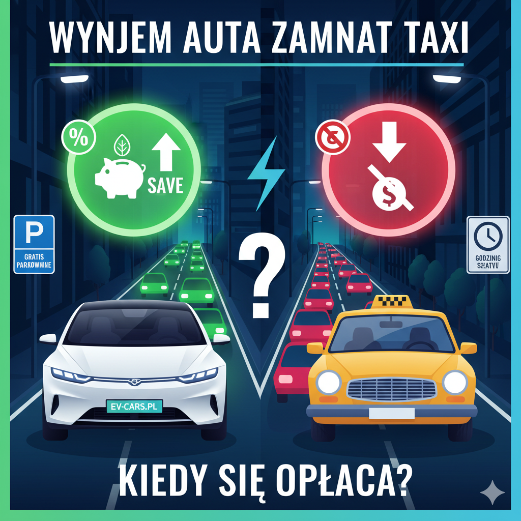 Porównanie opłacalności wynajmu auta elektrycznego (EV) i taksówki w mieście, wskazujące na korzyści finansowe i czasowe EV.