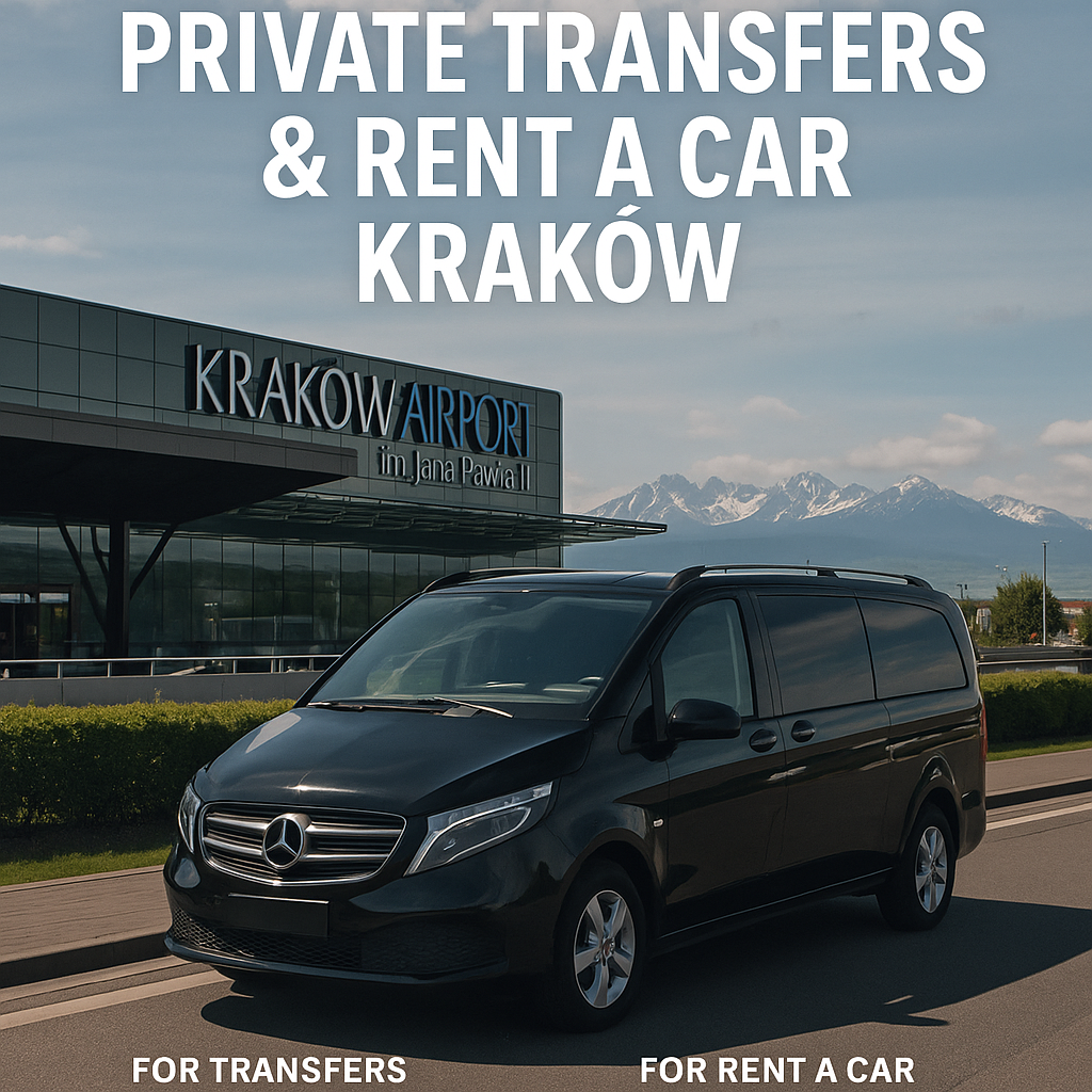 Mercedes V-Class przed terminalem lotniska Kraków Balice z widokiem na Tatry – prywatne transfery i wynajem samochodów EV-Cars.pl oraz MrShuttle.eu